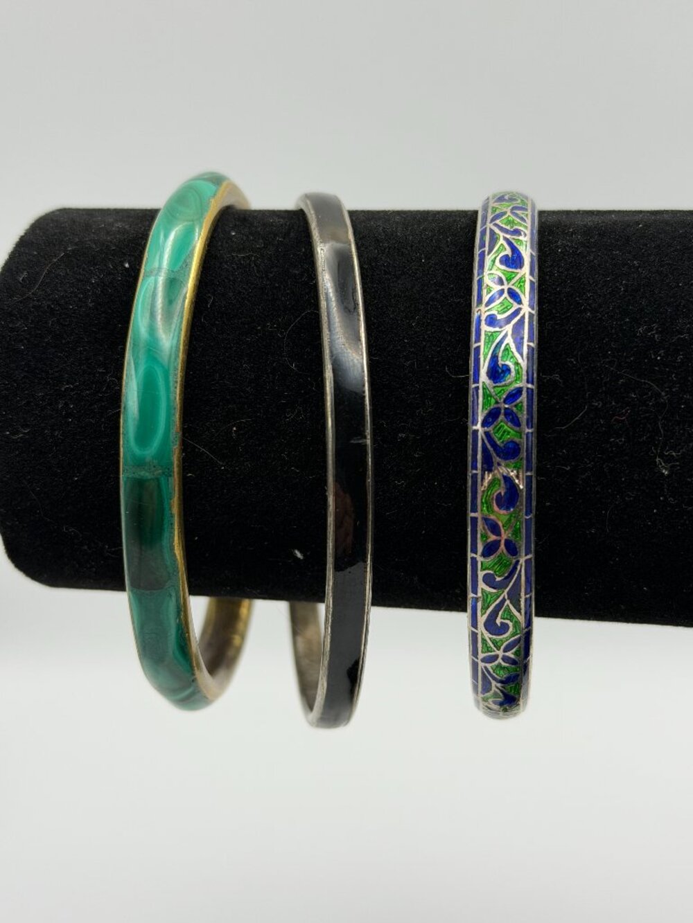 Vintage Mixed Bangle Stack Set Lot of 3 Boho Cloisonne Faux Malachite
